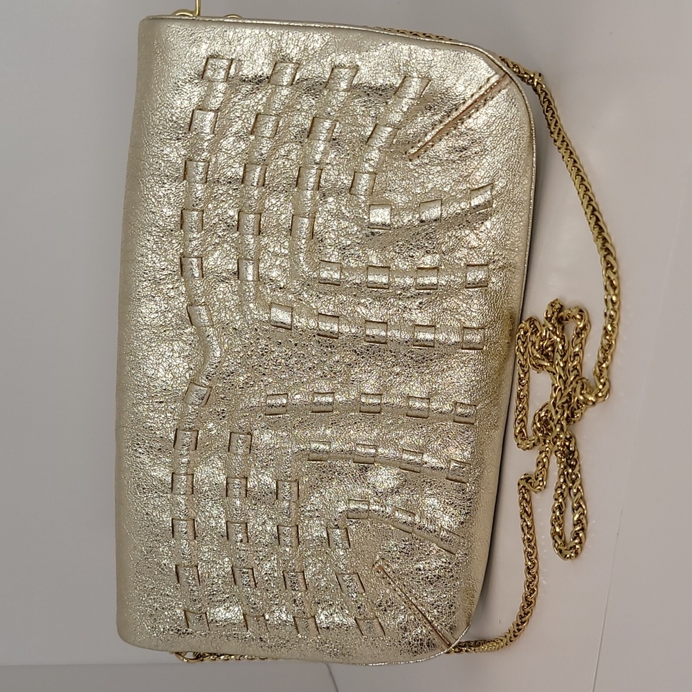 EUC Vince Camuto 100% LEATHER metallic gold clutch with gold chain